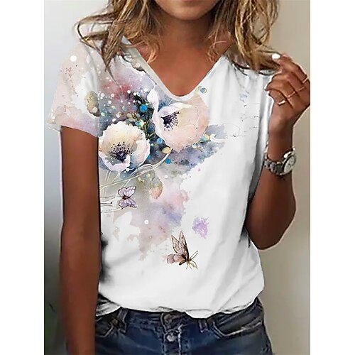 

Women's T shirt Tee White Floral Butterfly Print Short Sleeve Casual Daily Basic V Neck Regular Floral Butterfly S / 3D Print