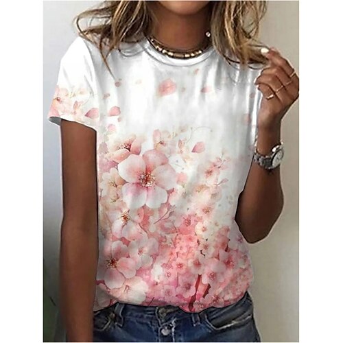 

Women's Casual Daily Holiday T shirt Tee Floral Short Sleeve Patchwork Print Round Neck Basic Tops Pink S / 3D Print