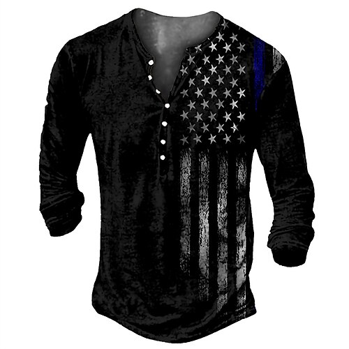 

Men's Henley Shirt Tee T shirt 3D Print Graphic Flag Plus Size Henley Daily Sports Button-Down Print Long Sleeve Tops Basic Classic Designer Comfortable Black