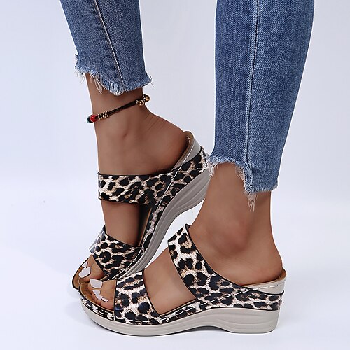 

Women's Sandals Wedge Heel Round Toe Casual Daily Walking Shoes PU Leather Loafer Spring Summer Leopard Leopard