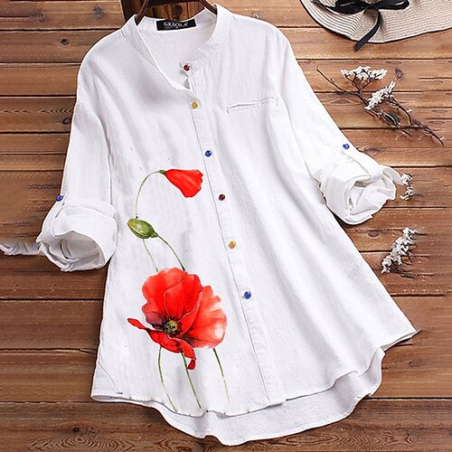

Women's Plus Size Tops Blouse Shirt Floral Print Long Sleeve Round Neck Streetwear Daily Going out Cotton Spring Summer White Light Green