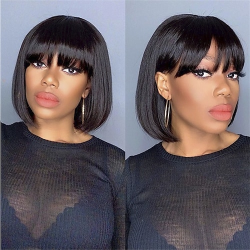 

Short Bob Wigs For Black Women Natural Black Brazilian Straight Human hair Wigs With Bangs Full Machine Made Glueless Fringe Wig