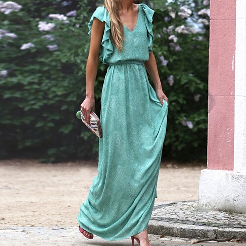 

Women's A Line Dress Maxi long Dress Green Black Short Sleeve Pure Color Ruffle Spring Summer V Neck Elegant Casual Classic 2022 S M L XL