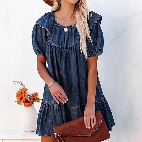 

Women's Denim Dress Knee Length Dress Blue Short Sleeve Solid Color Ruffle Spring Summer Crew Neck Casual 2022 S M L XL XXL