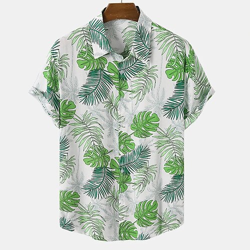 

Men's Shirt Print Leaves Turndown Casual Daily Button-Down Print Short Sleeve Tops Casual Fashion Green / White