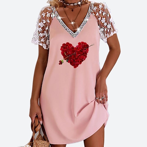 

Women's Shift Dress Short Mini Dress Light Pink White Pink Red Short Sleeve Floral Heart Lace Patchwork Print Spring Summer V Neck Casual 2022 S M L XL XXL 3XL