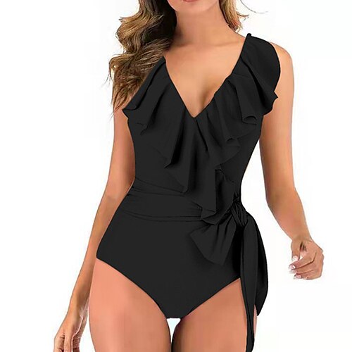 

Women's Swimwear One Piece Monokini Bathing Suits Normal Swimsuit Ruffle Open Back Pure Color Black Gray Wine Army Green Fuchsia V Wire Bathing Suits New Vacation Fashion / Modern / Padded Bras