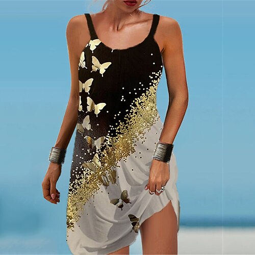 

Women's A Line Dress Short Mini Dress Yellow Sleeveless Butterfly Animal Print Spring Summer Spaghetti Strap Casual Vacation 2022 S M L XL XXL 3XL