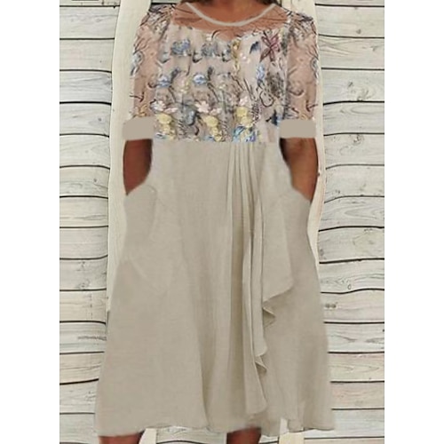 

Women's Plus Size Holiday Dress Print Crew Neck Ruched Half Sleeve Fall Spring Basic Casual Midi Dress Daily Weekend Dress / Cotton