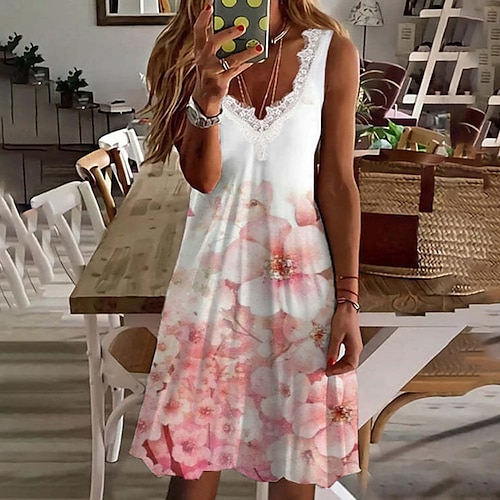 

Women's Casual Dress Mini Dress Green Blue Purple Sleeveless Floral Lace Spring Summer V Neck Weekend 2022 S M L XL XXL