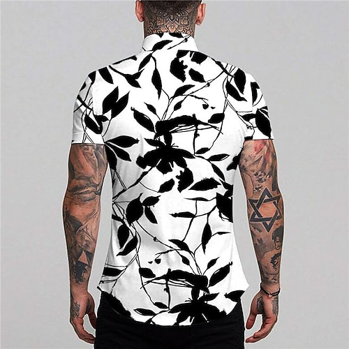 Men's Shirt Graphic Shirt Aloha Shirt Leaves Turndown Black White