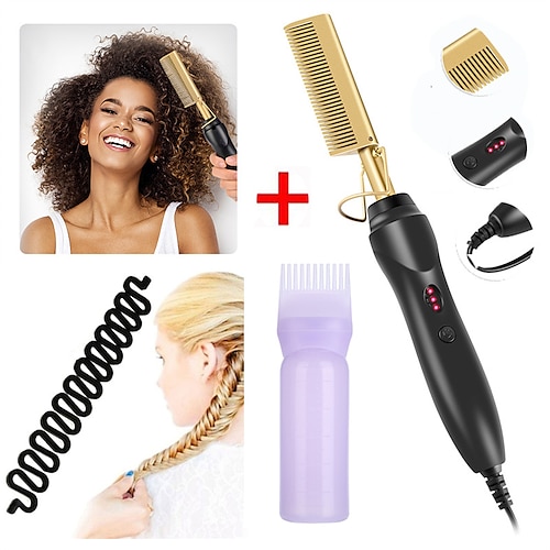 

2 in 1 Hot Comb Straightener Electric Hair Straightener Hair Curler Wet Dry Use Hair Flat Irons Hot Heating Comb For Hair Accessorize with Braids and Hair Color Bottles