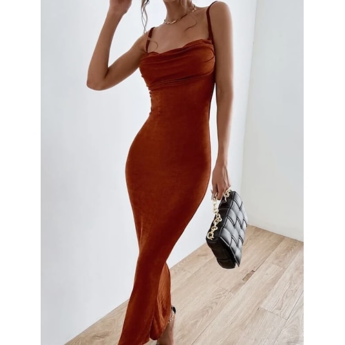 

Women's A Line Dress Maxi long Dress Brown Sleeveless Solid Color Ruched Spring Summer Square Neck Spaghetti Strap Elegant Casual 2022 S M L XL XXL 3XL