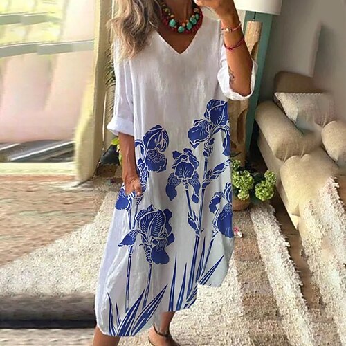 

Women's Swing Dress Maxi long Dress White Half Sleeve Floral Print Spring Summer V Neck Casual 2022 S M L XL XXL 3XL