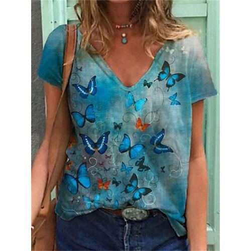 

Women's Butterfly T shirt Graphic Butterfly Print V Neck Basic Tops Green Light Green Yellow / 3D Print