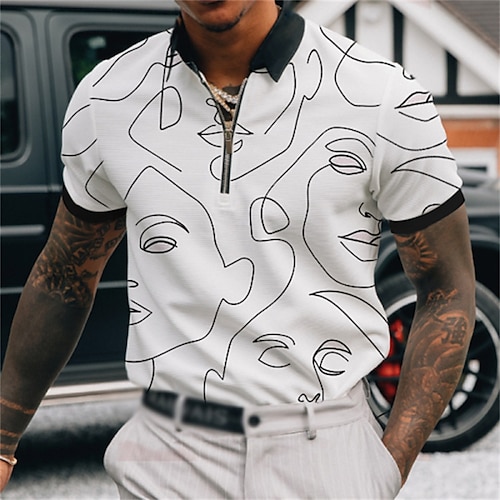 

Men's Collar Polo Shirt Zip Polo Golf Shirt Graphic Human face Turndown White Hot Stamping Outdoor Street Short Sleeve Zipper Print Clothing Apparel Fashion Casual Breathable Comfortable / Summer