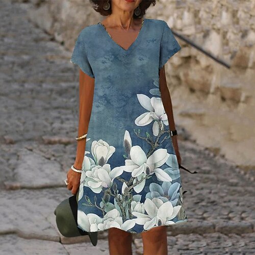 

Mujer Vestido informal Vestido de cambio Azul Piscina Manga Corta Floral Estampado Primavera Verano Escote en Pico Holgado 2022 S M L XL XXL 3XL