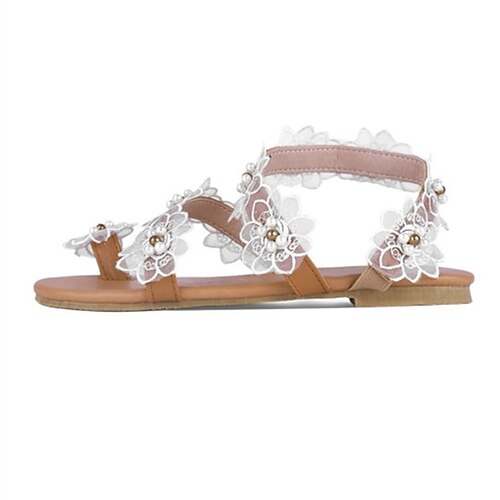 

Damen Sandalen Täglich Sommer Blume Flacher Absatz Offene Spitze Minimalismus PU Leder Gummiband Einfarbig Weiß Gelb