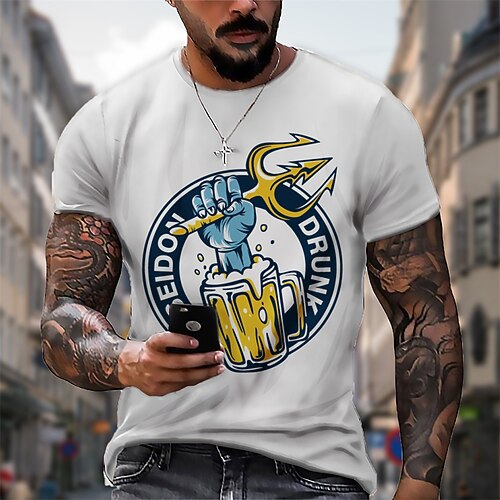 

Men's T shirt 3D Print Graphic Beer Crew Neck Casual Daily Print Short Sleeve Tops Fashion Vintage Designer Big and Tall White