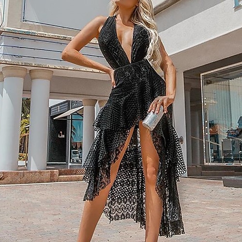

Mujer Vestido de Fiesta Vestido de encaje Vestido negro Vestido Midi Negro Sin Mangas Color puro Encaje Primavera Verano Escote en V Profunda Fiesta Delgado 2022 S M L XL