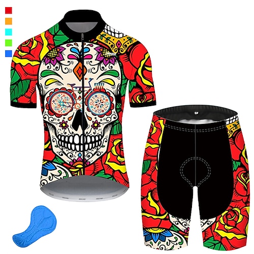 

21Grams Men's Cycling Jersey with Shorts Short Sleeve Mountain Bike MTB Road Bike Cycling Green Blue Green Yellow Skull Sugar Skull Floral Botanical Bike Clothing Suit 3D Pad Breathable Ultraviolet