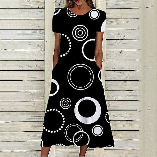 

Women's A Line Dress Midi Dress Black Short Sleeve Geometric Pocket Print Spring Summer Round Neck Stylish Casual Modern 2022 S M L XL XXL 3XL