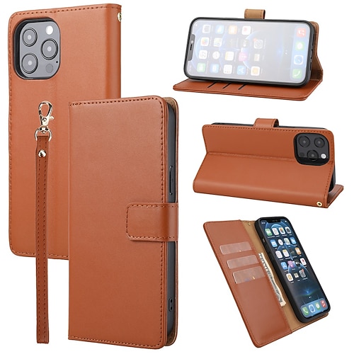 

Phone Case For Apple Wallet Card iPhone 13 Pro Max 12 Mini 11 X XR XS Max 8 7 Shockproof with Wrist Strap Card Holder Slots Solid Colored Genuine Leather