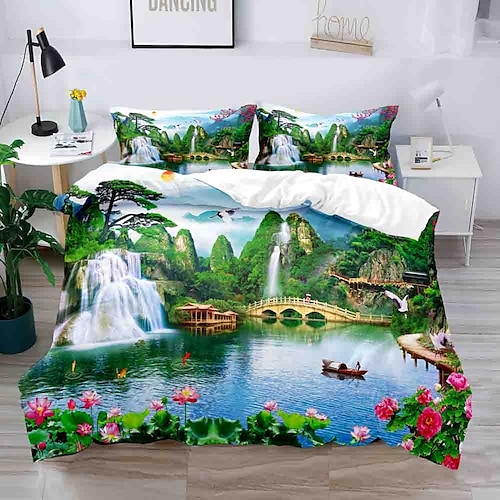 

Landscape Series 3-Piece Duvet Cover Set Hotel Bedding Sets Comforter Cover with Soft Lightweight Microfiber, Include 1 Duvet Cover, 2 Pillowcases for Double/Queen/King(1 Pillowcase for Twin/Single)