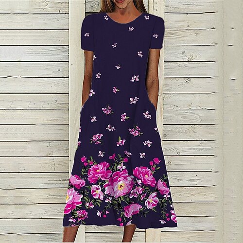 

Women's A Line Dress Midi Dress Purple Short Sleeve Floral Pocket Print Spring Summer Round Neck Stylish Casual Modern 2022 S M L XL XXL 3XL