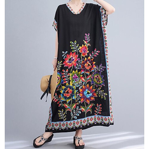 

Women's Shift Dress Maxi long Dress Red Sleeveless Floral Print Summer V Neck Vintage Linen One-Size