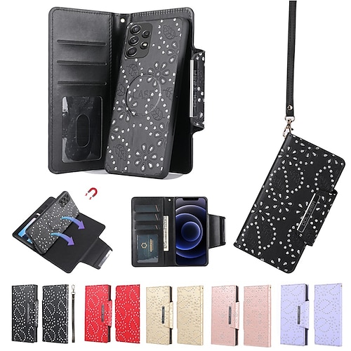 

Phone Case For Samsung Galaxy Wallet Card A53 S22 Ultra Plus FE A72 A52 A42 Samsung A13 5G Detachable with Wrist Strap Card Holder Slots Solid Colored Crystal Diamond PU Leather