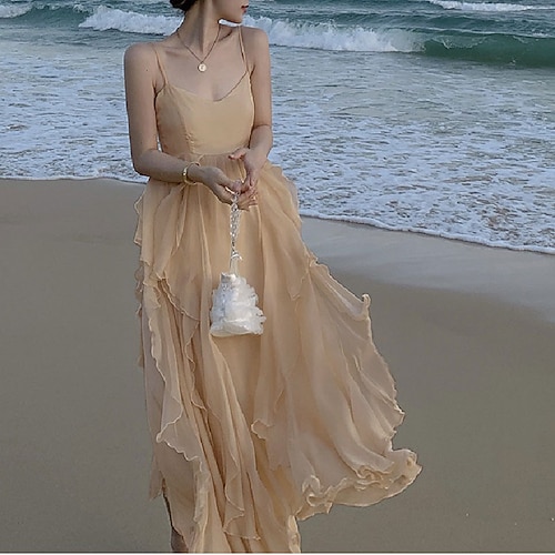 

A-Line Minimalist Holiday Prom Dress Spaghetti Strap Sleeveless Ankle Length Chiffon with Ruffles Pattern / Print 2022
