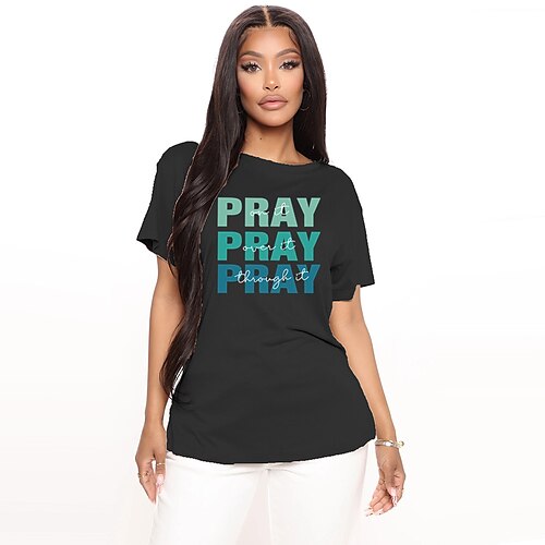 

Women's T shirt Graphic Letter Print Round Neck Basic Tops Green Blue White