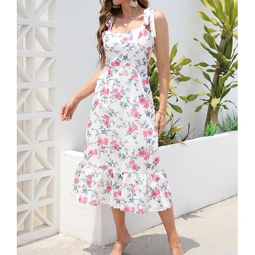 

Women's Shift Dress Midi Dress White Sleeveless Floral Patchwork Print Summer Spaghetti Strap Stylish Work Casual 2022 S M L XL