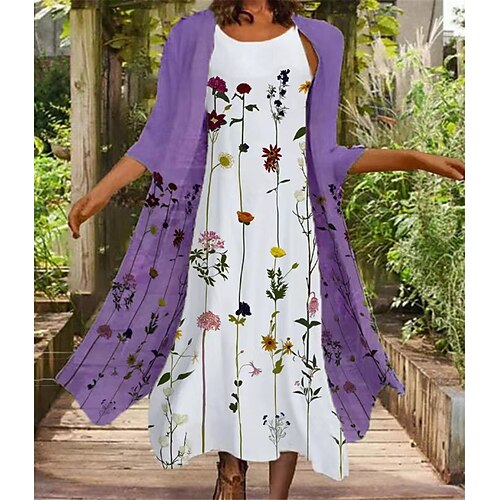 

Women's A Line Dress Midi Dress Green Purple 3/4 Length Sleeve Floral Print Spring Summer Round Neck Elegant Casual Vacation 2022 M L XL XXL 3XL 4XL