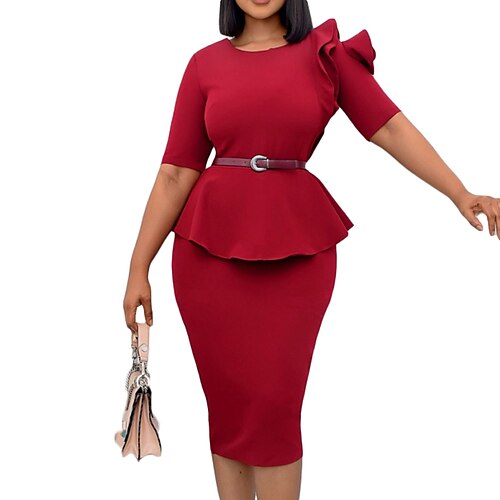 

Women's Sheath Dress Knee Length Dress Khaki Dark Blue Red Half Sleeve Pure Color Ruched Spring Summer Round Neck Work 2022 S M L XL XXL 3XL