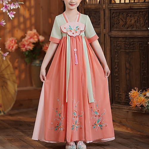 

Kids Little Girls' Dress Floral Chiffon Dress Daily Performance Embroidered Pink Maxi Short Sleeve Chinoiserie Sweet Dresses Summer Regular Fit 3-12 Years