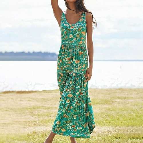 

Women's A Line Dress Maxi long Dress Green Sleeveless Floral Cold Shoulder Print Spring Summer Crew Neck Work Elegant Vacation 2022 S M L XL XXL