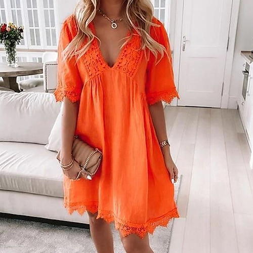 

Women's Casual Dress Shift Dress Mini Dress Pink Orange 3/4 Length Sleeve Pure Color Lace Winter Fall Autumn V Neck Weekend Loose Fit 2022 S M L XL XXL