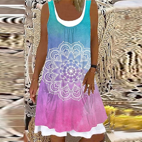

Women's Shift Dress Short Mini Dress Green Blue Purple Royal Blue Orange Red Short Sleeve Floral Color Gradient Tie Dye Fake two piece Print Spring Summer U Neck Casual Vacation 2022 S M L XL XXL 3XL