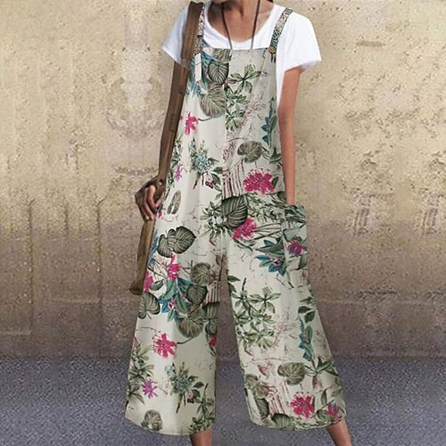 

Women's Jumpsuit Pocket Print Floral Square Neck Casual Street Daily Regular Fit Sleeveless Green Blue Light Green S M L Spring