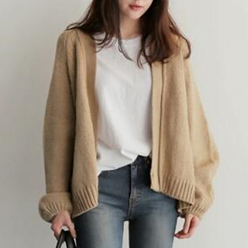 

Women's Cardigan Knitted Solid Color Stylish Casual Soft Long Sleeve Sweater Cardigans V Neck Spring Summer Black Khaki Navy Blue