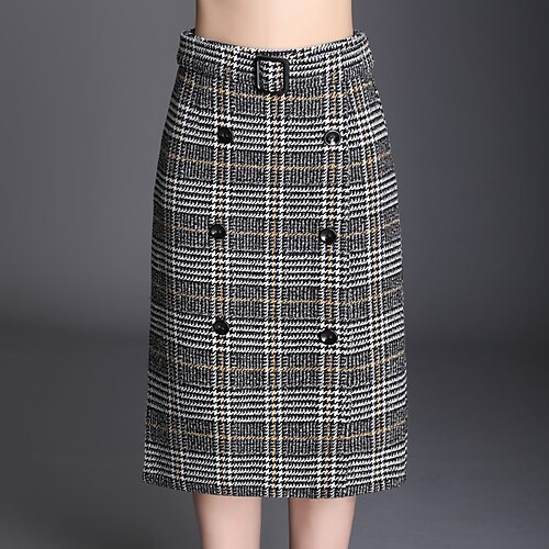 

Women's Fashion Calf-Length Skirts Tea Party Casual / Daily Plaid Split Khaki M L XL
