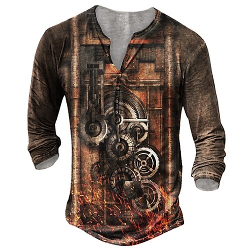 

Men's Henley Shirt T shirt 3D Print Graphic Machine Henley Street Casual Button-Down Print Long Sleeve Tops Basic Fashion Classic Comfortable Brown