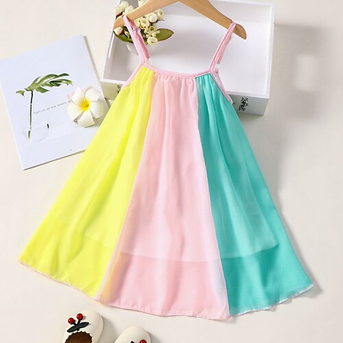 

Kids Little Girls' Dress Color Block colour A Line Dress Daily Patchwork Rainbow Above Knee Sleeveless Beautiful Cute Dresses Spring Summer Regular Fit 2-6 Years