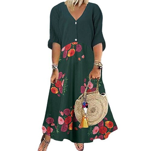 

Women's Plus Size Holiday Dress Floral V Neck Print 3/4 Length Sleeve Fall Spring Casual Maxi long Dress Daily Date Dress