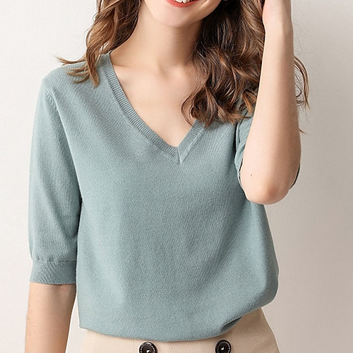 

Women's Pullover Sweater jumper Jumper Knit Knitted Thin Pure Color V Neck Stylish Casual Outdoor Home Spring Summer Green Blue S M L / Regular Fit / Going out