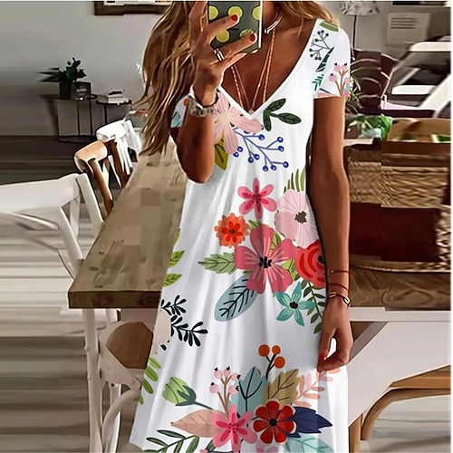 

Women's A Line Dress Midi Dress White Short Sleeve Floral Print Spring Summer V Neck Elegant Casual Vacation 2022 S M L XL XXL 3XL