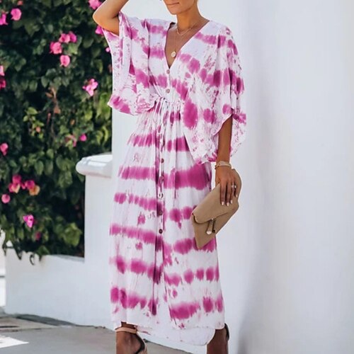 

Women's Casual Dress Maxi long Dress Blue Red Half Sleeve Tie Dye Ruched Print Spring Summer V Neck Casual 2022 S M L XL