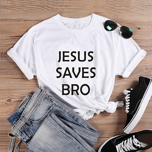 

Women's Painting T shirt Text Print Round Neck Basic Tops White Red